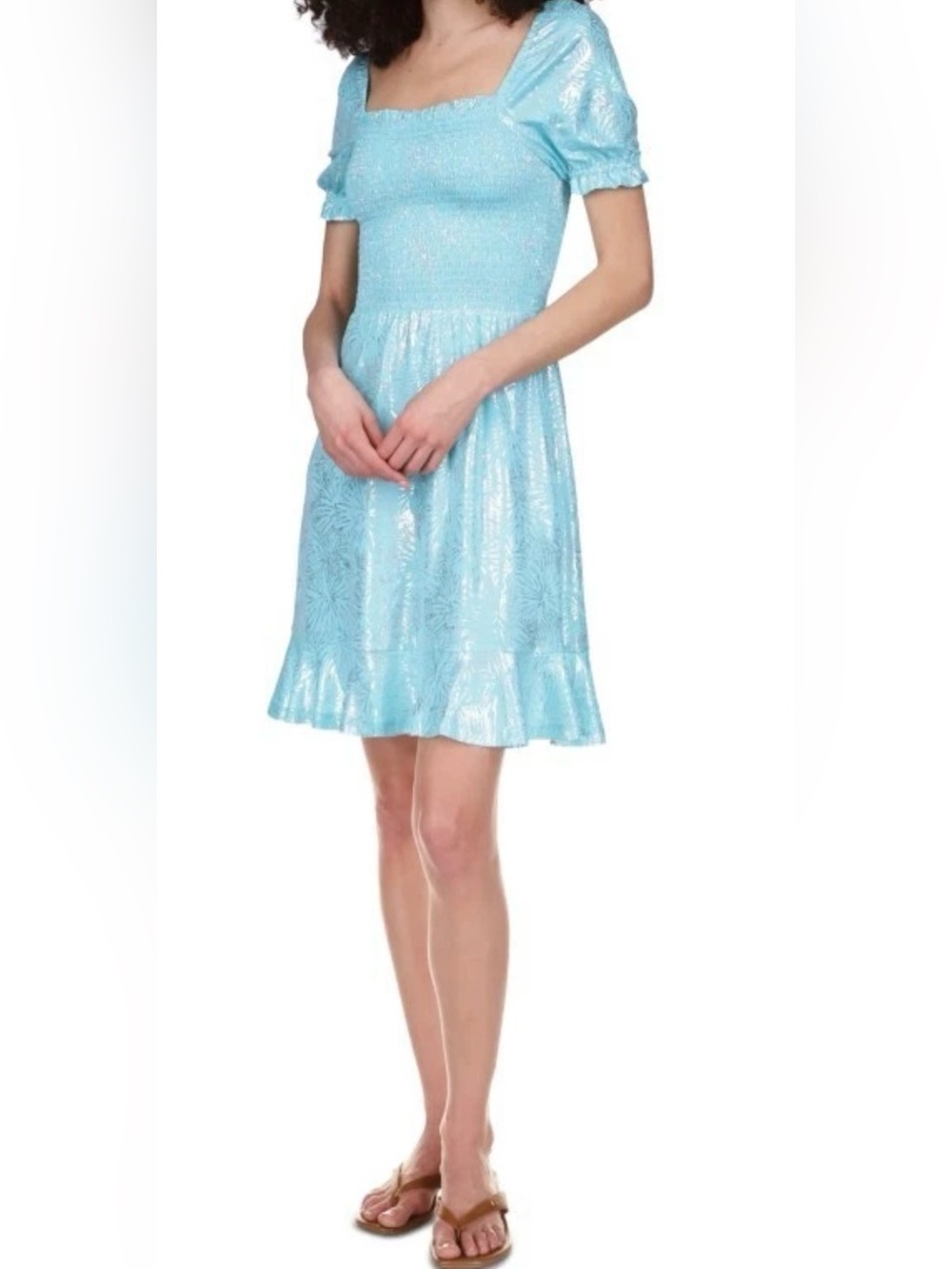 Michael Michael Kors Foil-Print Smocked Peasant Dress, Turquoise, XL, $125